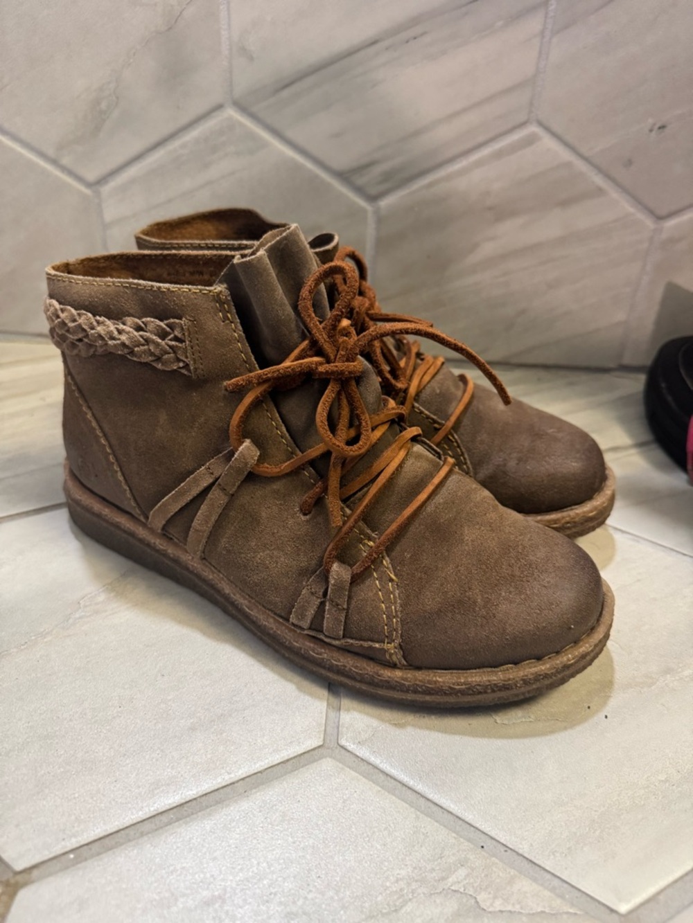 Born Women’s Temple Brown Suede Lace-Up Ankle Boots with Braided Trim